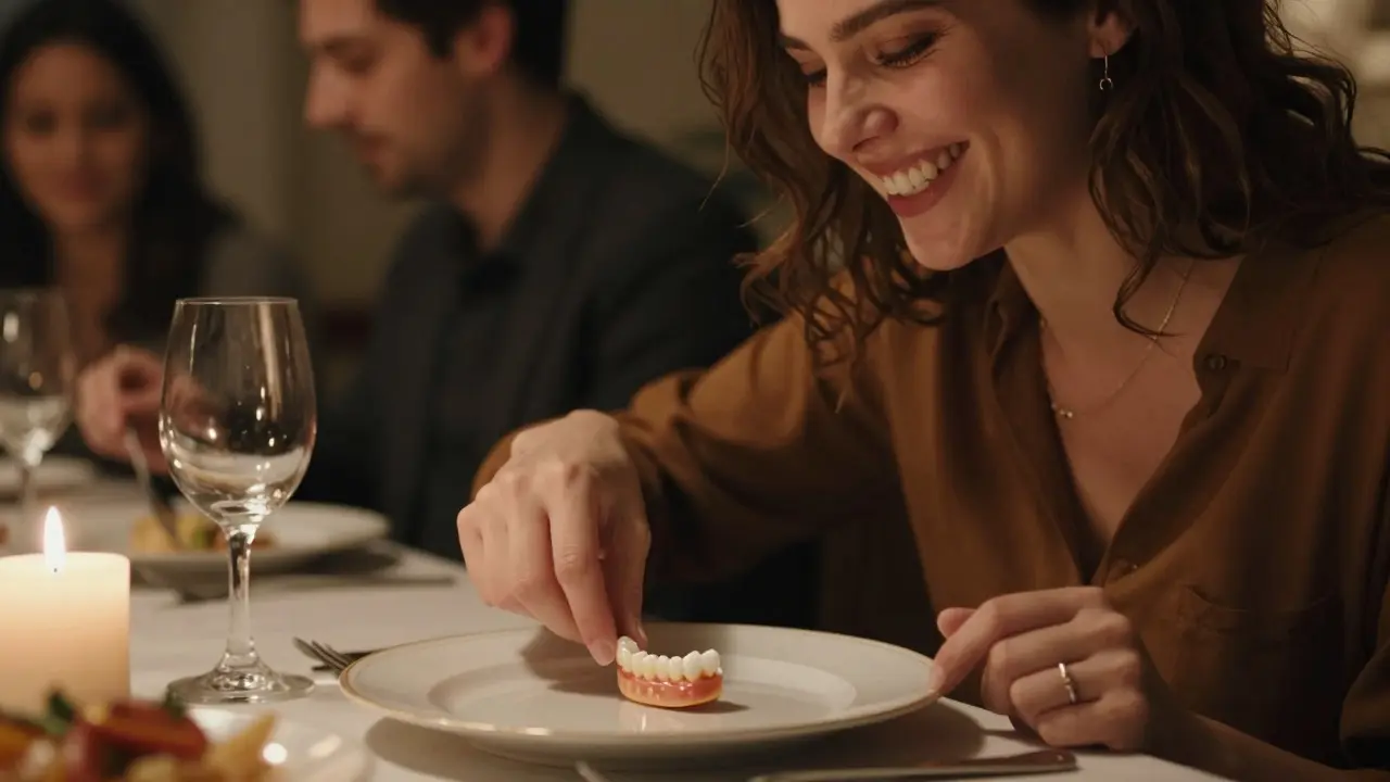 Žena má během večeře odlepený zub na talíři.