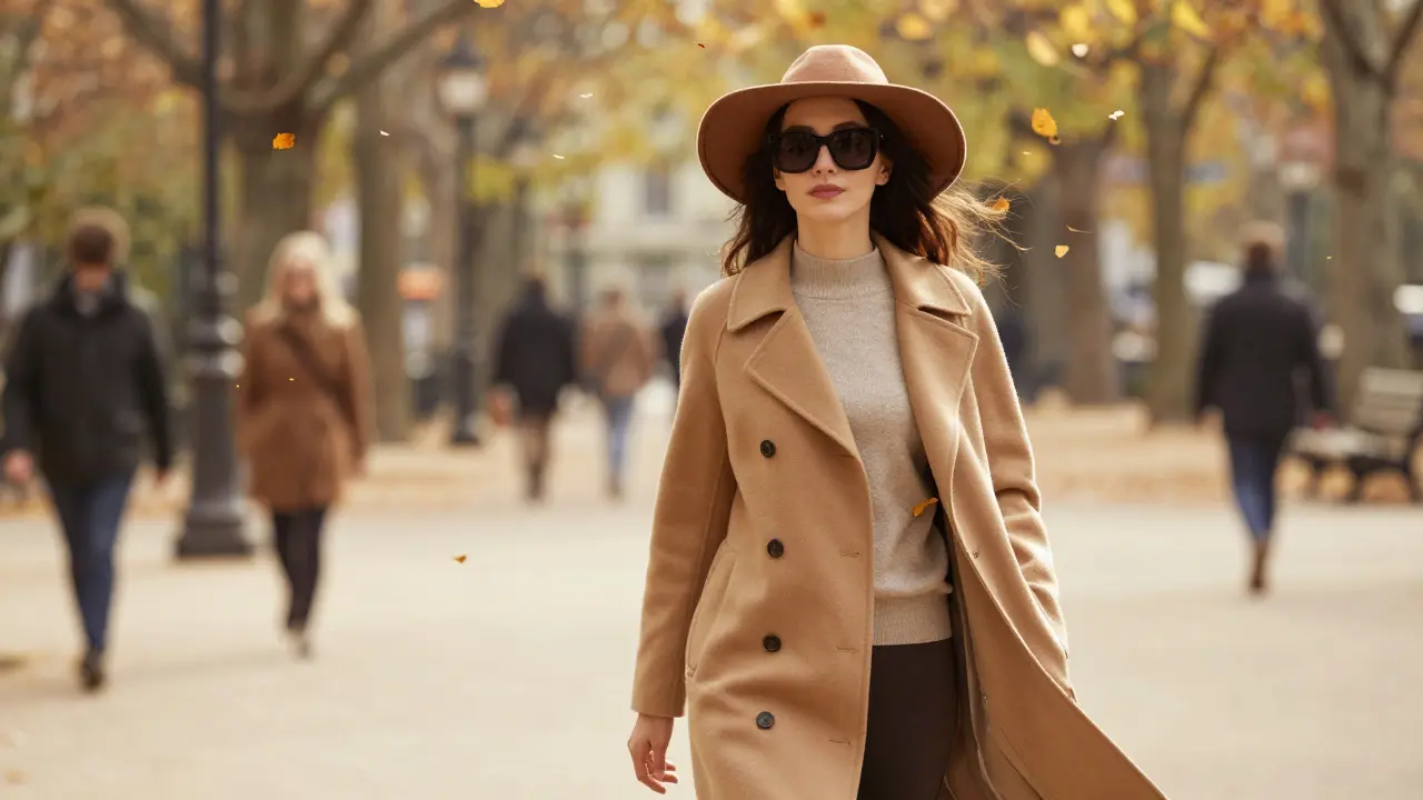 Žena prochází parkem v podzimním světle, skrývá se za kloboukem a brýlemi, ale chodí se sebevědomím.