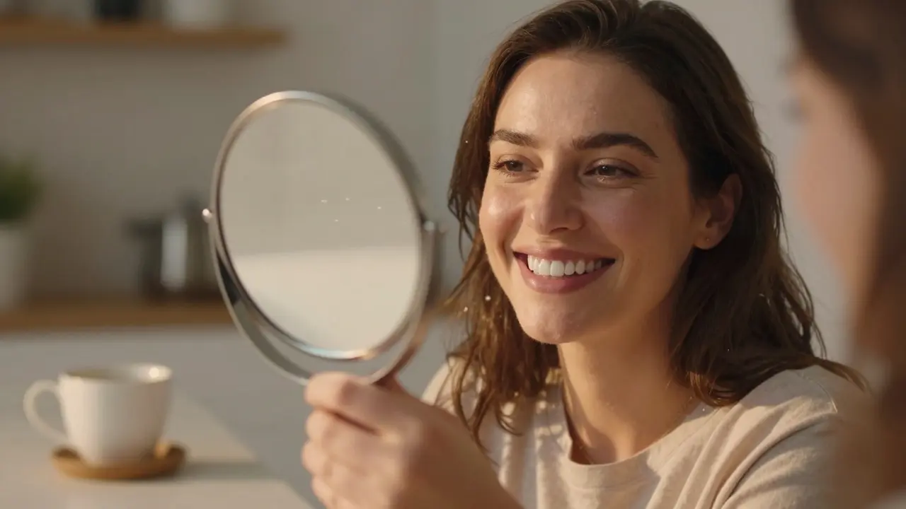 Žena se usmívá do zrcadla s novými veneery, září v zlatém světle večera.