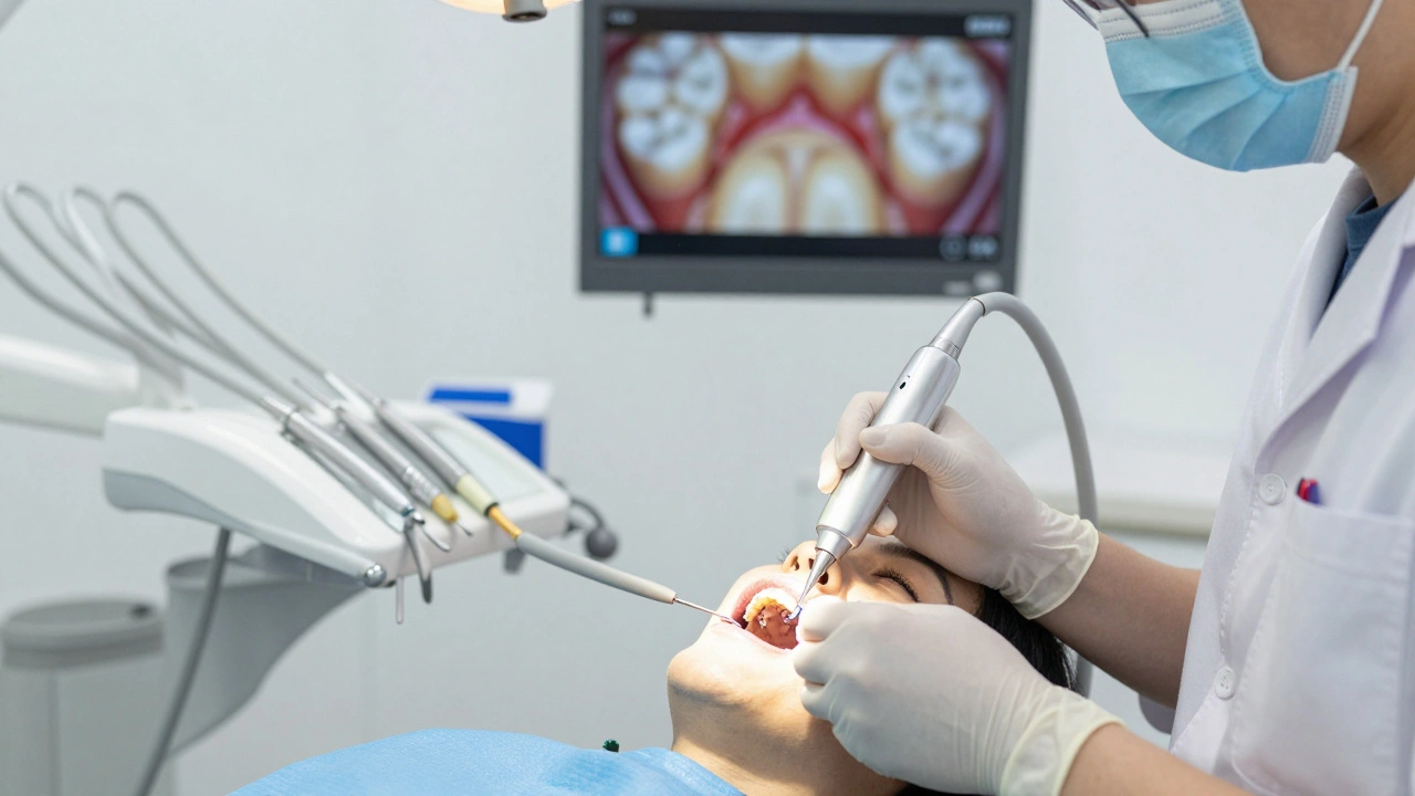 Zubař čistí zuby pacienta ultrazvukovým zařízením v klinice.