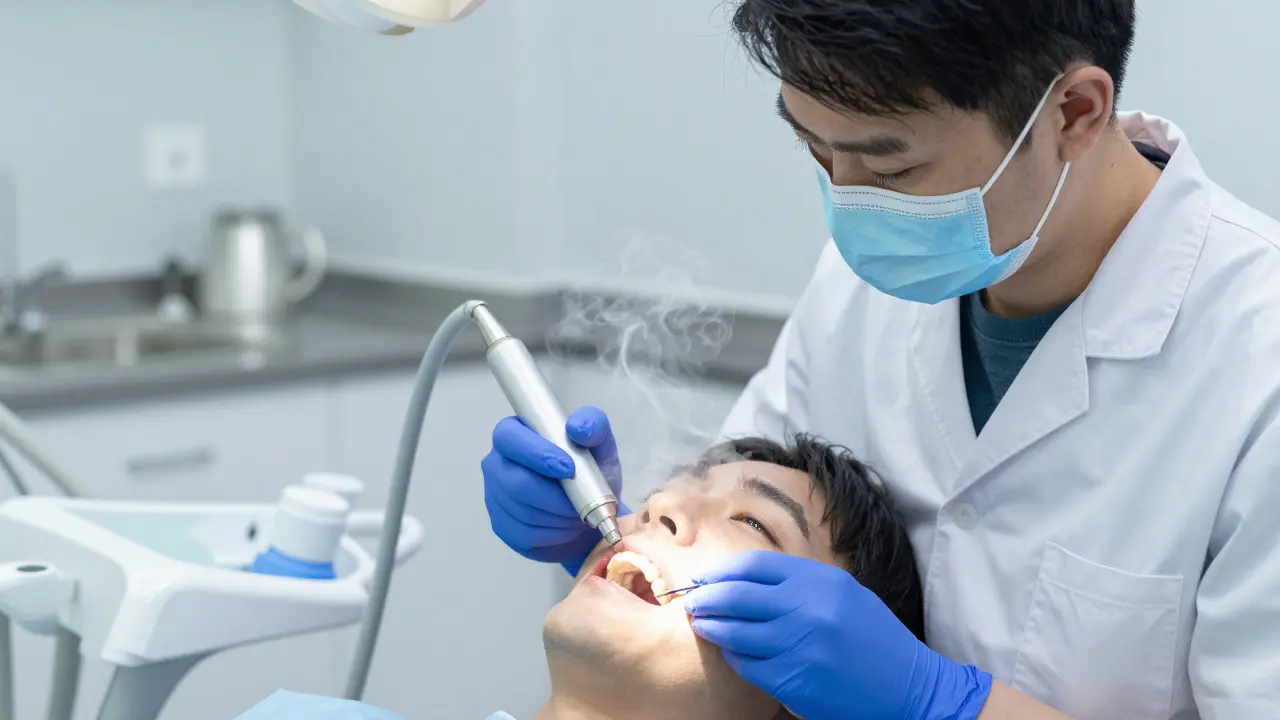 Zubní hygienička odstraňuje kámen ultrazvukovým skrabařem