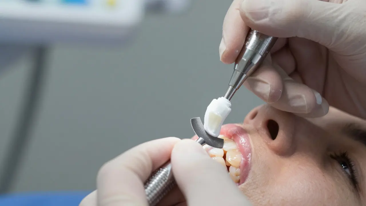 Zubní lékař poliruje kompozitní plombu, aby obnovil lesk.