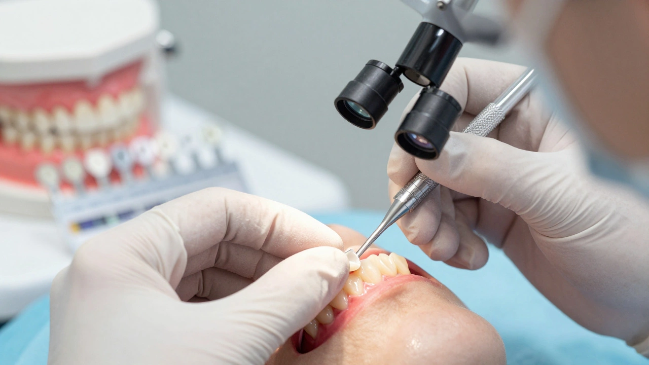 Zubní lékař přilepuje tenkou keramickou fazetu na zub.