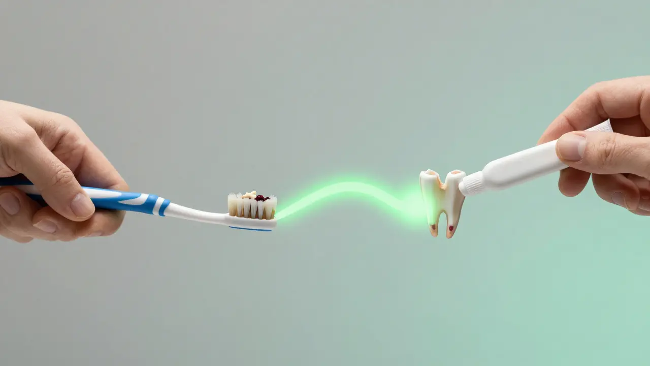 Cyklus poškozování a léčby zubů: agresivní čištění na jedné straně, léčba dentistry na druhé.