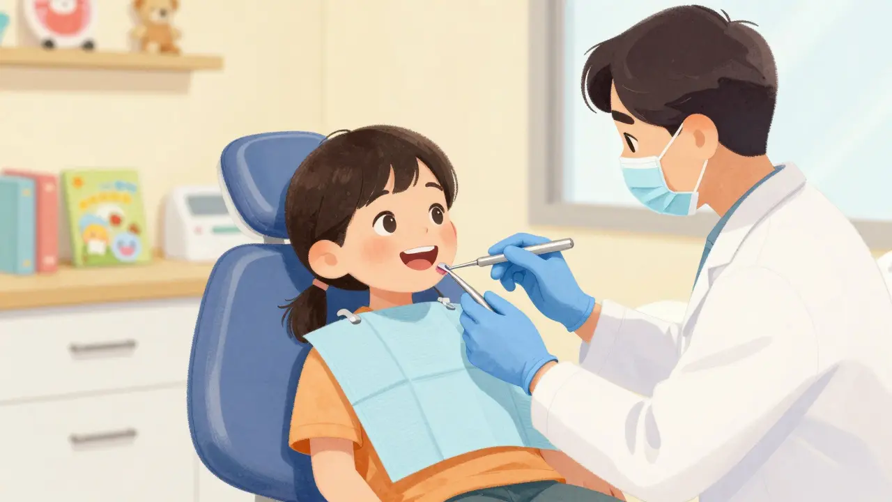 Dítě šťastně široce široce směje v zubní klinice, zubař odstraňuje kámen.