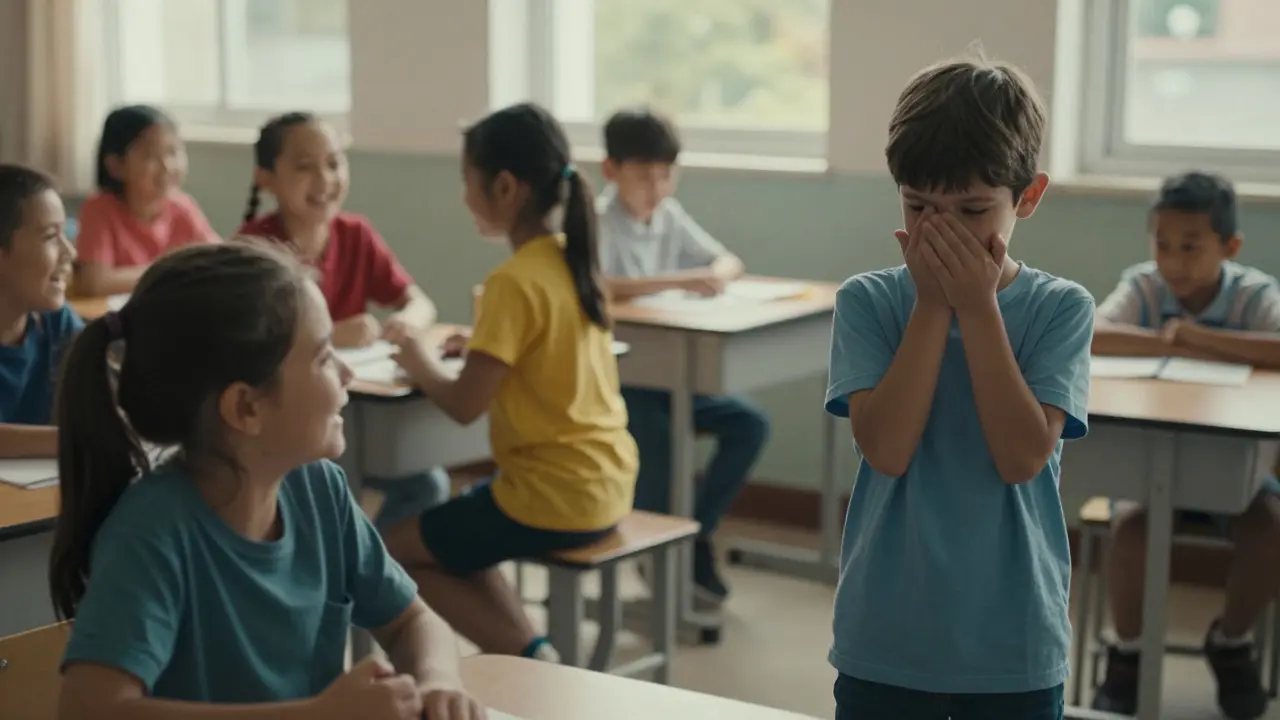 Dítě stojí samotné ve třídě, ruka přikrývá ústa, zatímco ostatní se smějí.
