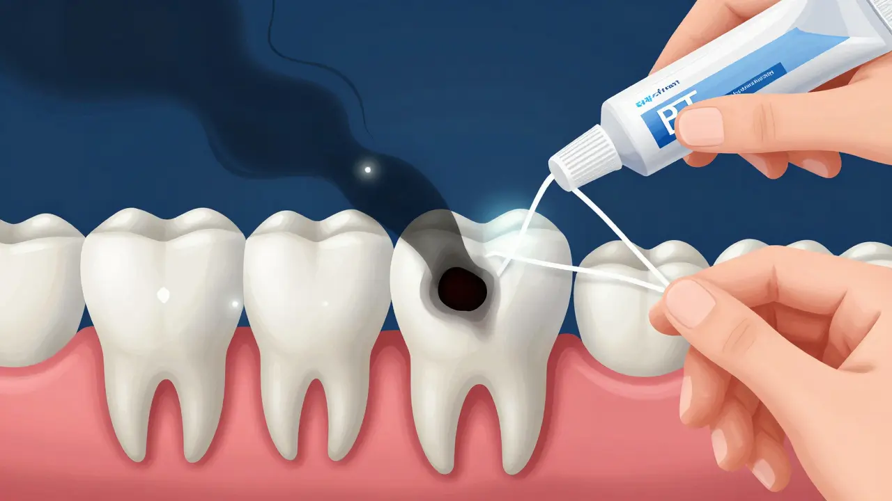 Early tooth decay turning into a cavity, with fluoride ions repairing enamel.