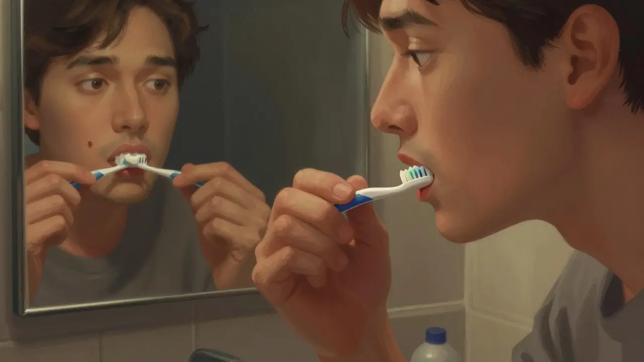 Osoba čistí mezizubní prostory nití a mezizubním kartáčkem ve večerní osvětlené koupelně.