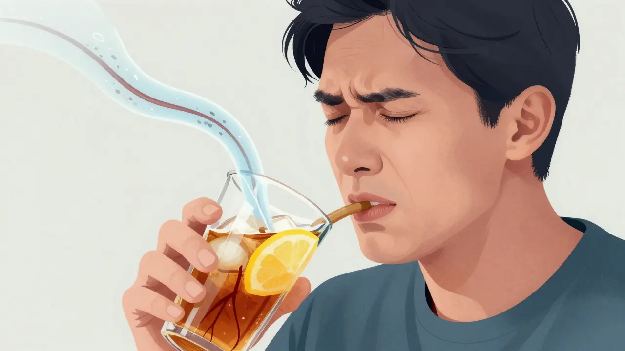 Osoba cítí bolest při pití studeného nápoje, cesty chladu a kyseliny vedoucí k nervu.