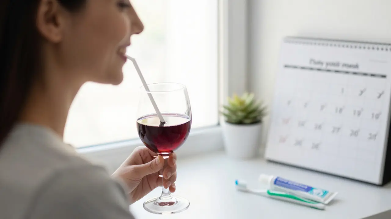 Osoba pije víno přes slámku, vedle ní zubní kartáček a pasta pro citlivé zuby.