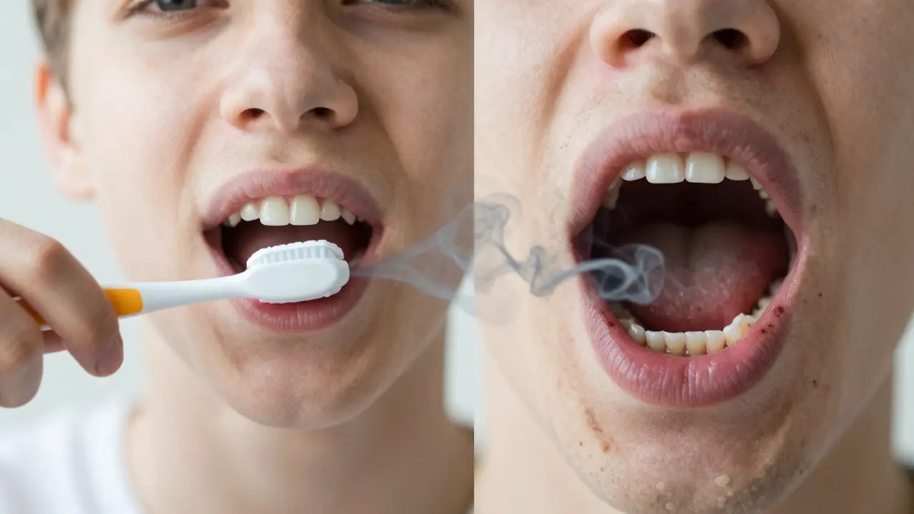 Porovnání zdravého a poškozeného ústního prostředí v průběhu let.