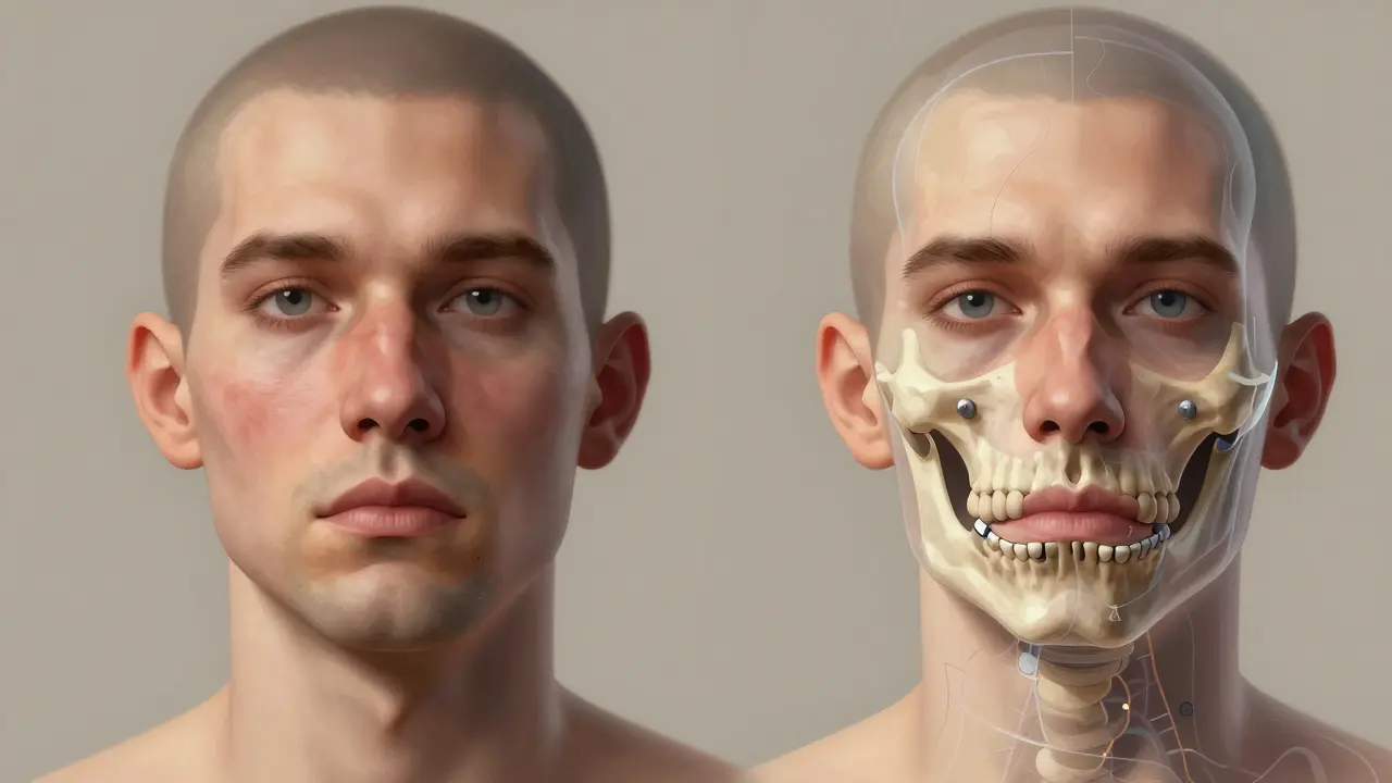 Přechod obličeje od úrazu k rekonstrukci s přehledem kostních struktur.