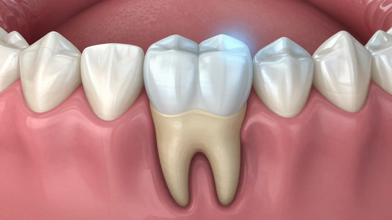 Přední zub s keramickou korunkou v anatomickém přehledu.