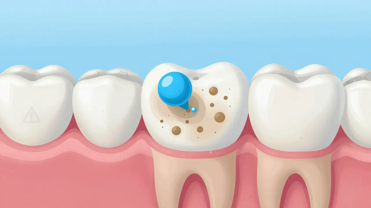 Přehledný náčrt zubu s pronikáním peroxidu vodíku do emailu a rozkladem skvrn.