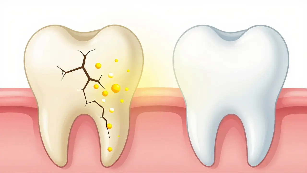Přehledový náčrt zubu s pronikáním bělícího gelu do skloviny a rozkladem pigmentů.