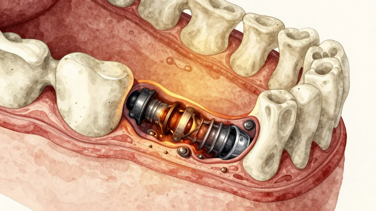 Průřez čelistí ukazující selhání osseointegrace a zánět kolem implantátu.
