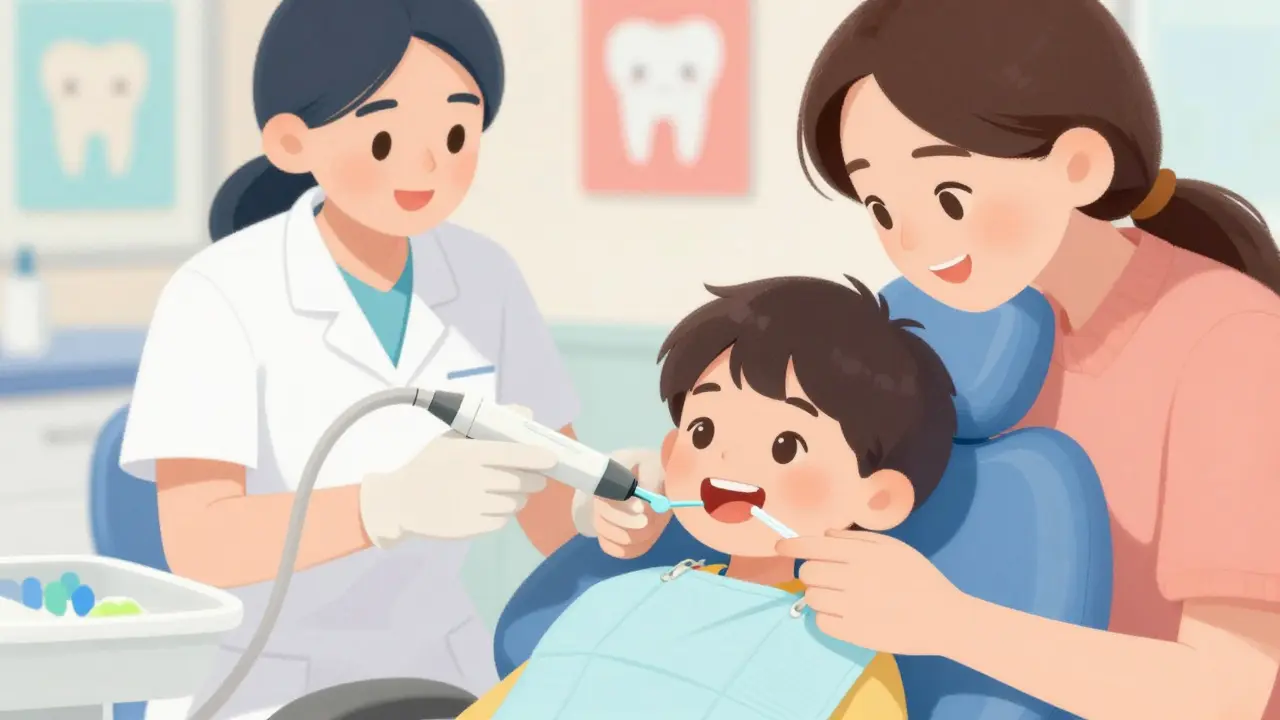 Rodič čistí mezery zubů dítěti u zubního lékaře