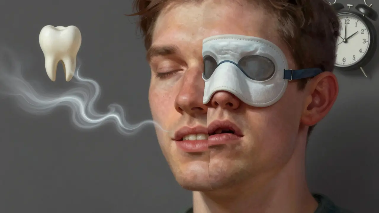 Rozdělená tvář: jedna strana zdravá, druhá s předkusem a maskou na spánek, znázorňující dopady na dýchání.