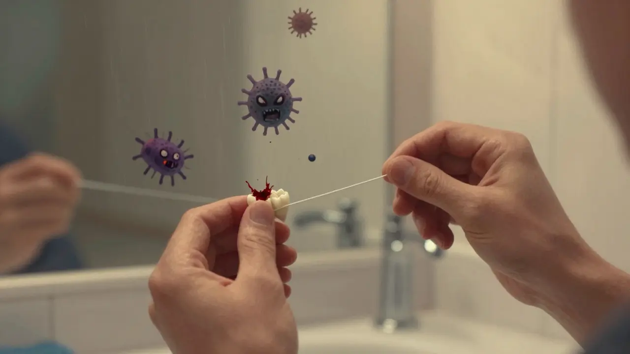 Ruka používá nit k čištění mezery mezi zuby, zatímco bakterie ničí sklovinu.