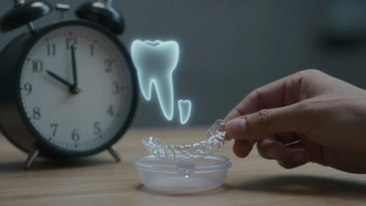 Ruka ukládá udržovací aparát do krabičky vedle hodin, za nimi se zuby pomalu posouvají.