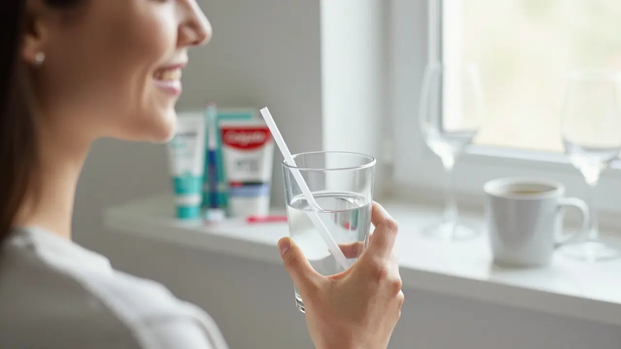 Smající se osoba pije vodu přes slámku s bělícími sady na pozadí.