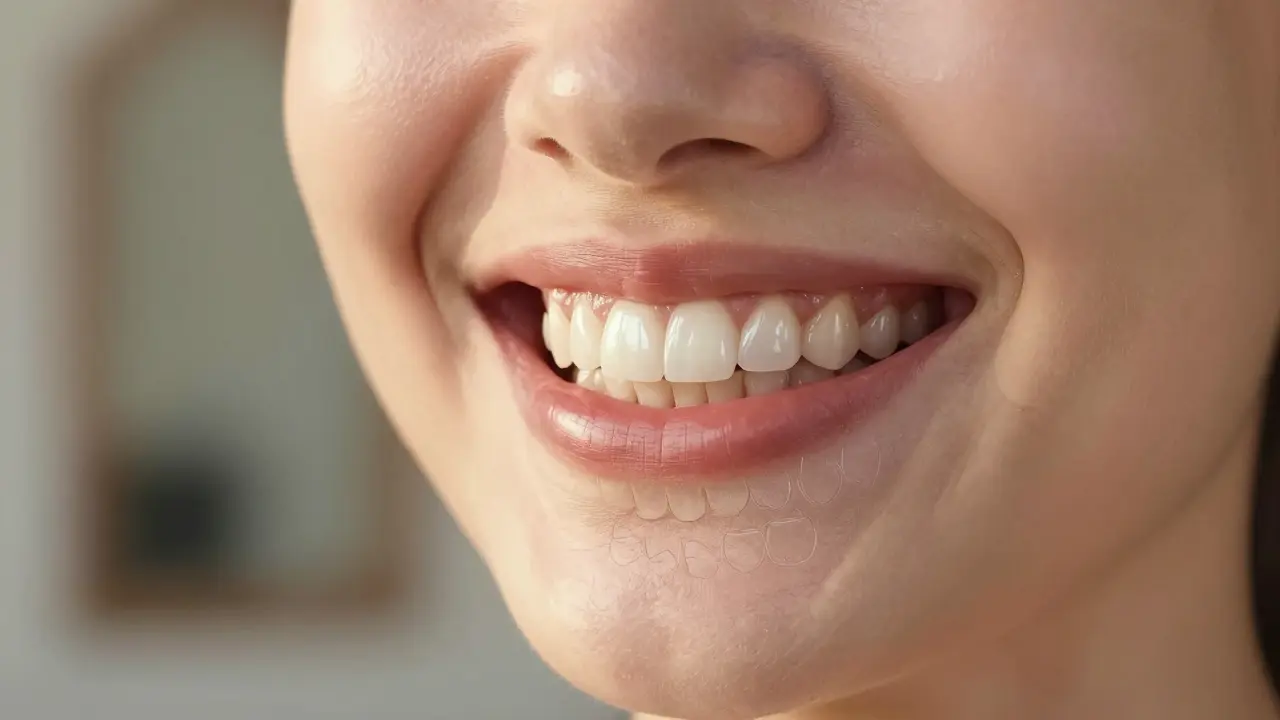 Smiling person with bright ceramic veneers, symbolizing transformed confidence.