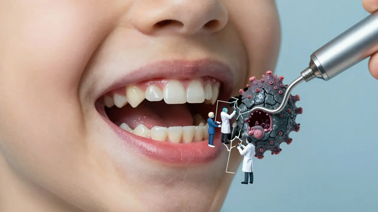 Srovnání zdravých zubů a zubního kamene s bakteriemi