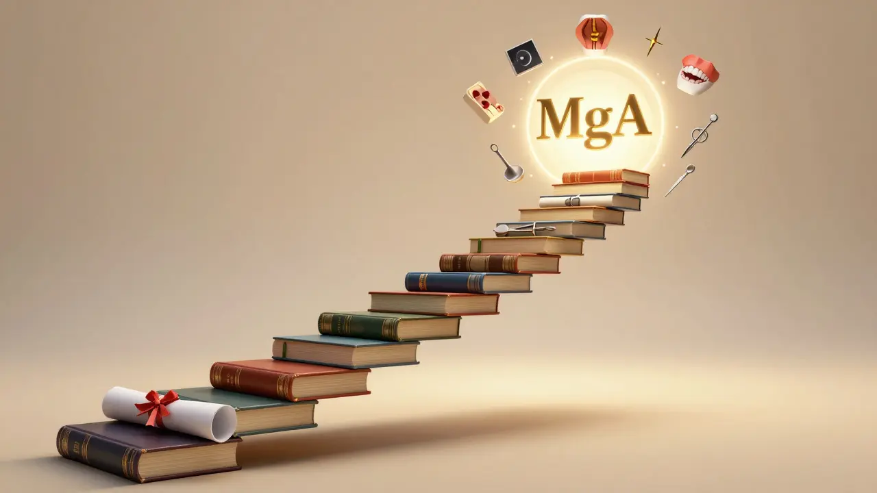 Symbolická cesta ke titulu MgA s lékařskými kroky a chirurgickými nástroji.