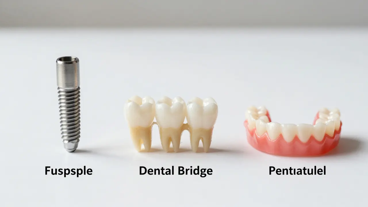 Tři možnosti náhrady ztraceného předního zubu: implantát, most a proteza.