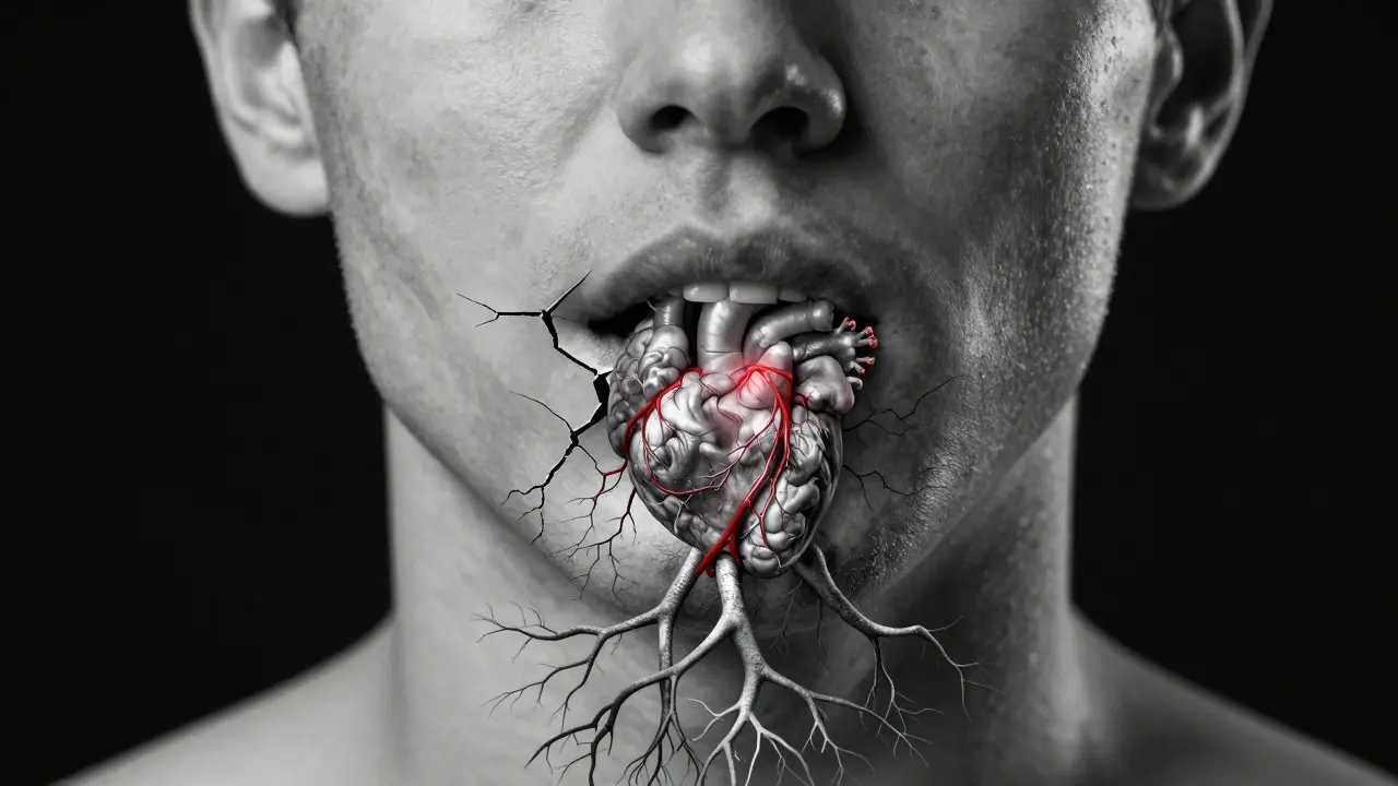 Tvář s rozštěpem, který se rozšiřuje do kosti, srdce a mozku jako symbol systémových rizik.