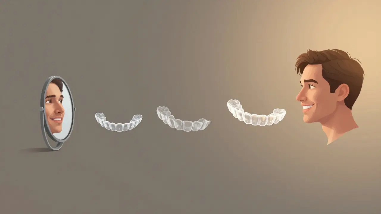 Vizuální příběh transformace zuby od nejistoty k sebedůvěře pomocí neviditelných rovnátek.