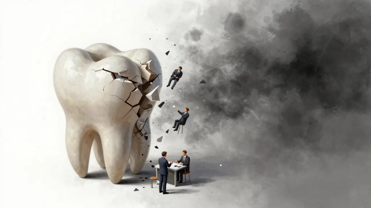 Zub se rozpadá jako budova, symbolizující ztrátu důvěry a příležitostí.