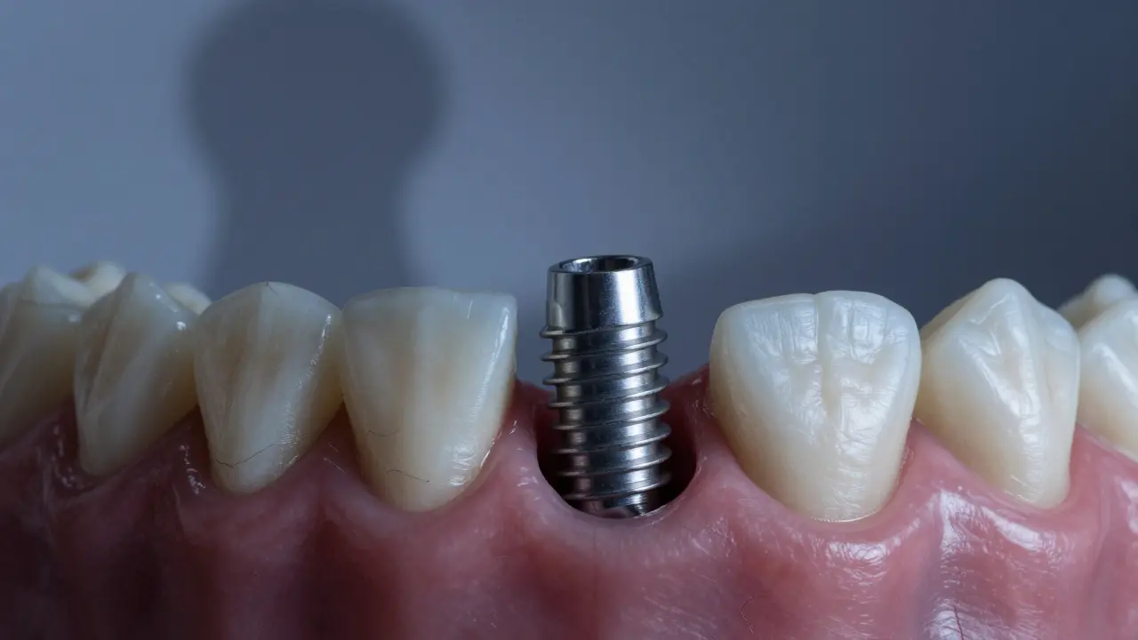 Zubní implantát s odstupujícími dásněmi a rozpadající se kostí po letech.