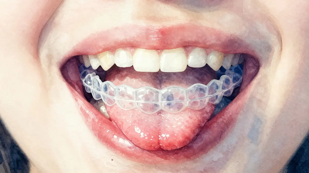 Blízký pohled na ústa s průhlednými rovnátky a jazykem přizpůsobujícím se.