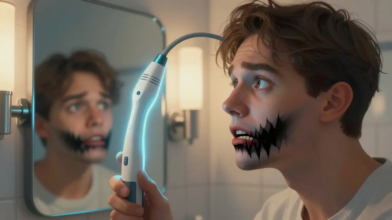 Člověk se dívá do zrcadla, kde na zubech vidí černý kámen, zatímco nad ním visí ultrazvukový přístroj.