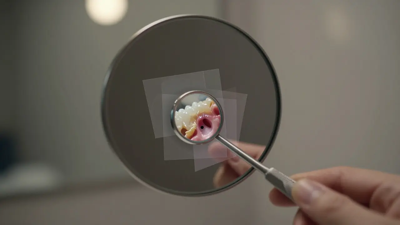 Dentální zrcátko odhaluje skryté problémy v ústech: kámen, káza a zánět dásní.