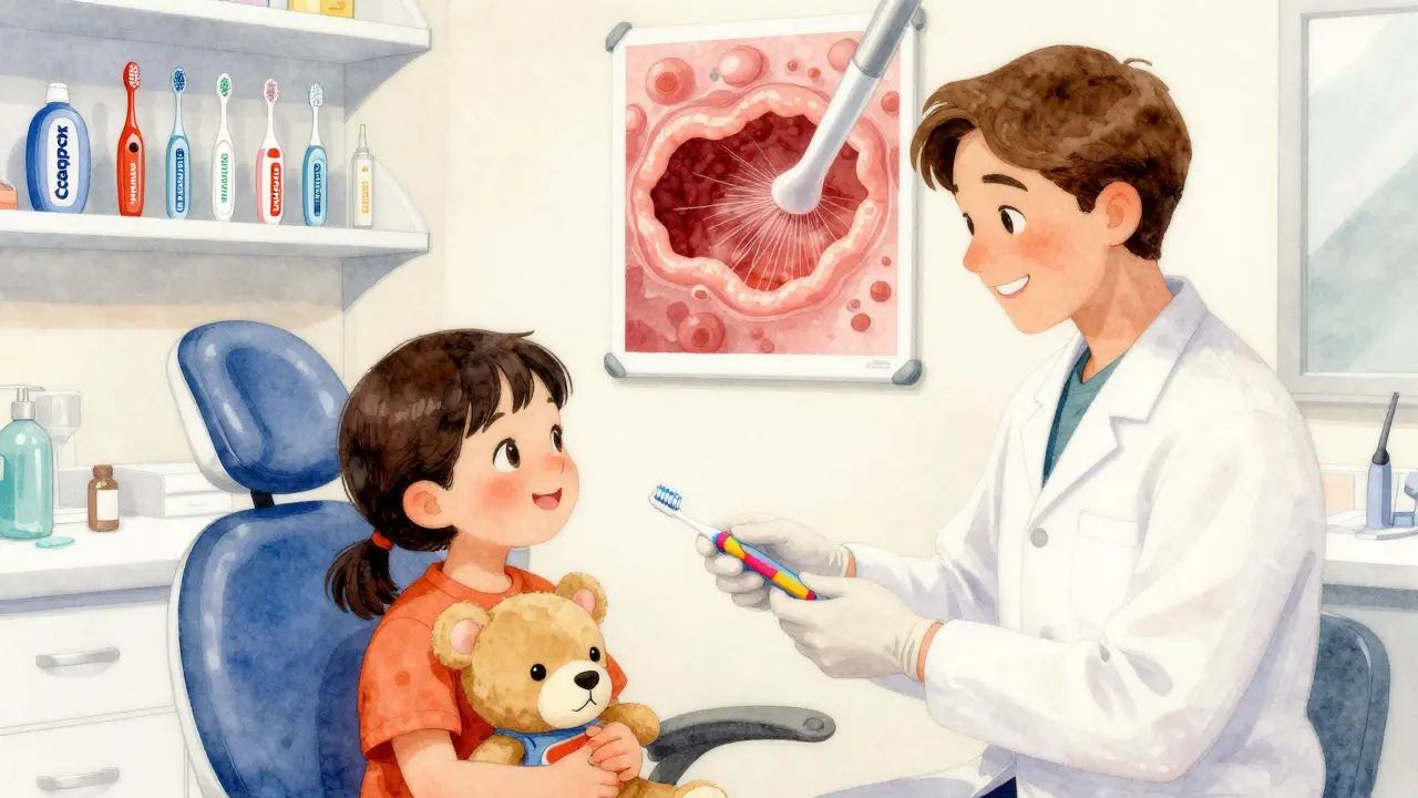 Dentist handing a colorful Curaprox toothbrush to a child in a dental office.