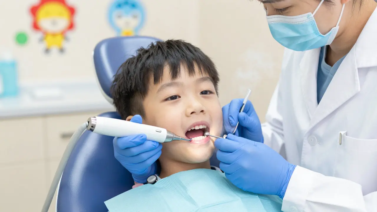 Dětský zubař odstraňuje zubní kámen ultrazvukovým čističem během klidné návštěvy.