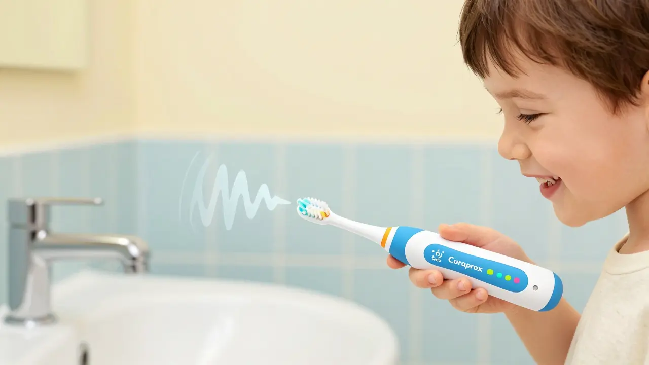 Dítě čistí zuby sonickým kartáčkem Curaprox Kids s výrazem radosti na obličeji.