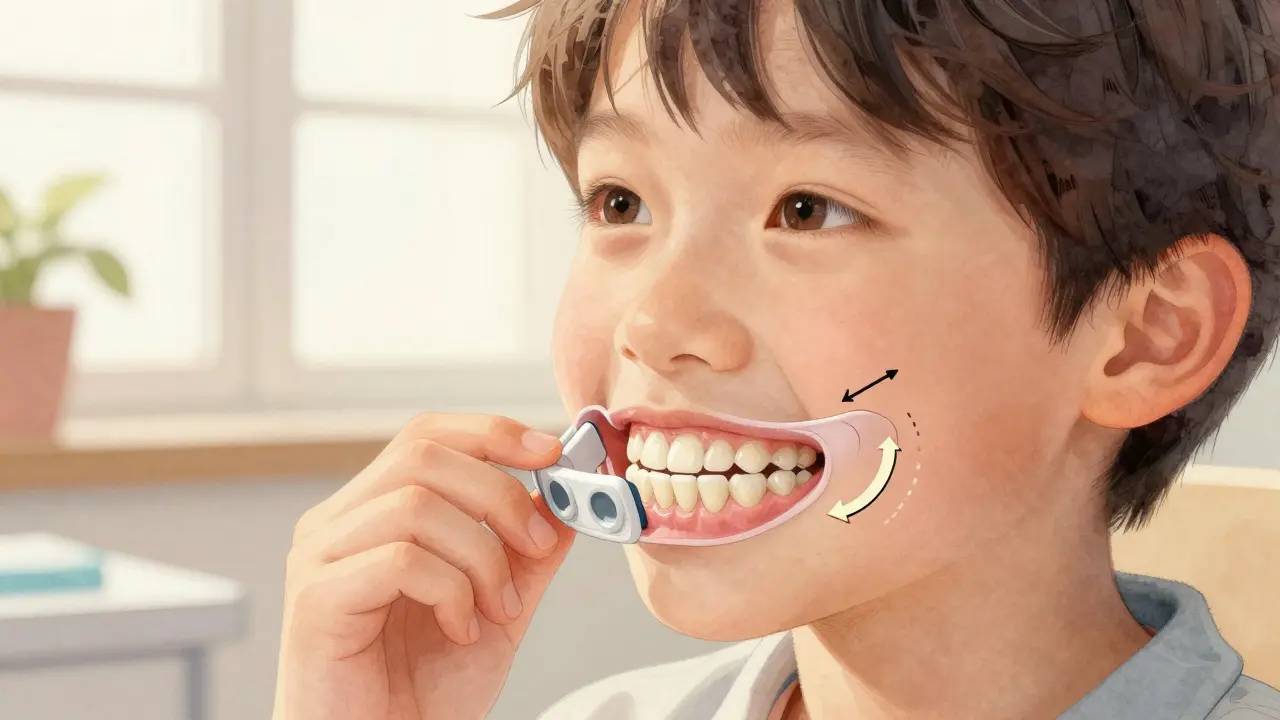 Dítě s funkčním čelistním aparátem, který pomáhá posouvat dolní čelist dopředu, s ilustrací růstu kosti a pohybu zubů.