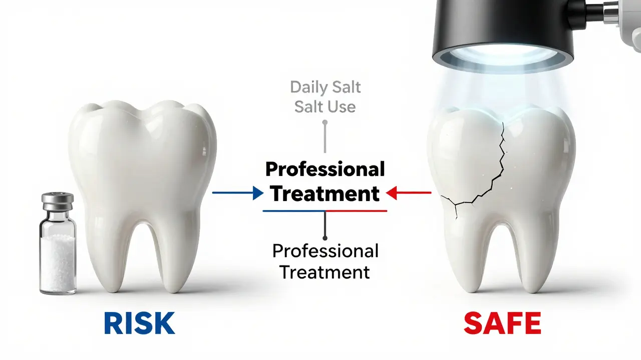 Dva protiklady: poškozený zub způsobený solí a bezpečně vybělený zub pod odbornou péčí.