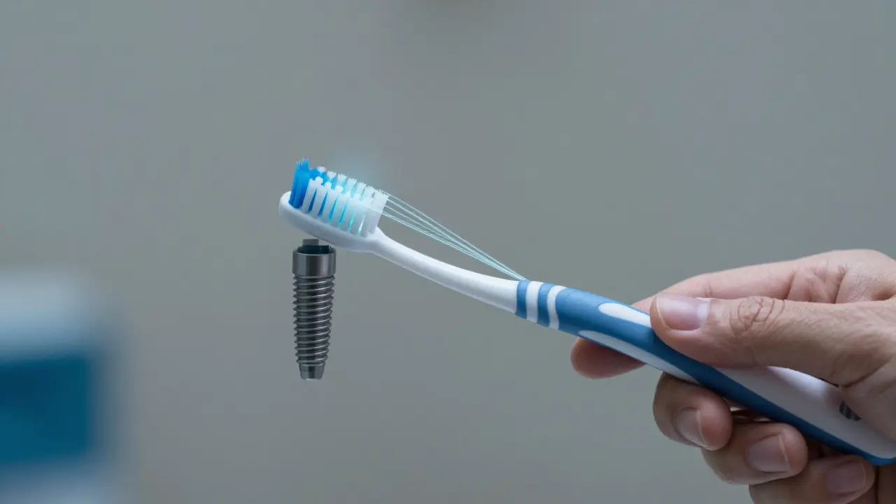 Kartáček Curaprox dosahující pod ortodontické dráty a kolem zubního implantátu.