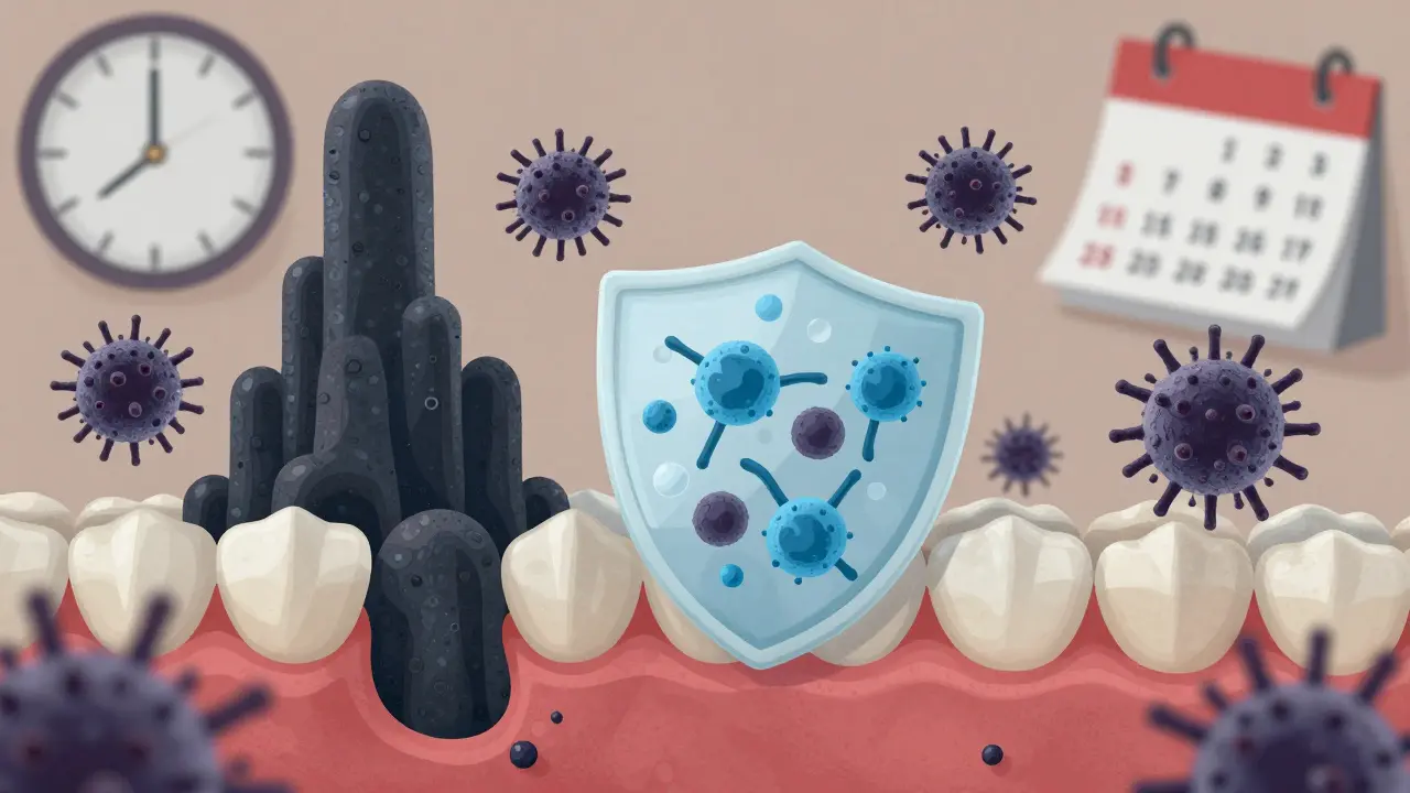 Konečný kámen na zubu, vznikající z bakterií a plaku, zatímco fluoridová pastou brání jeho tvorbě.