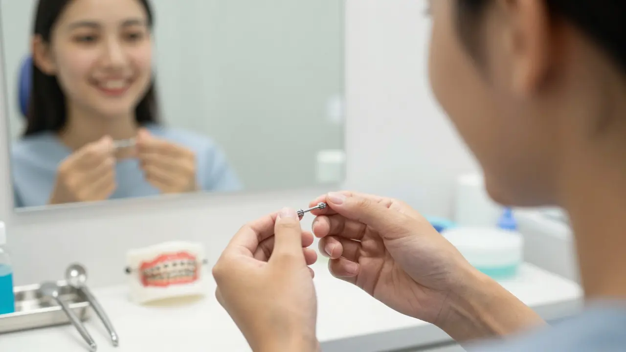 Muž drží sundaná rovnátka a směje se do zrcadla, kde vidí zdravé zuby.