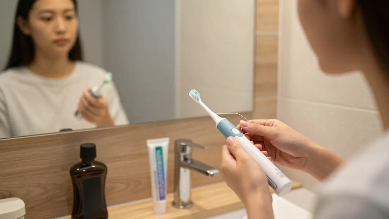 Osoba čistí zuby elektrickým štětečkem a nití doma před zrcadlem