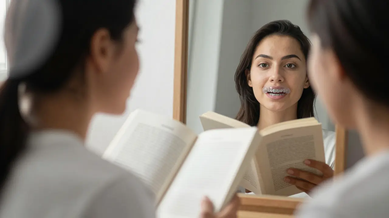 Osoba čte nahlas před zrcadlem s Invisalign rovnátky, cvičí výslovnost.