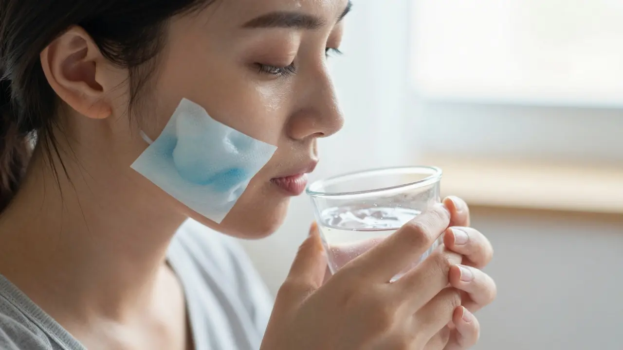 Osoba používá led na tvář a oplachuje ústa solnou vodou po operaci.