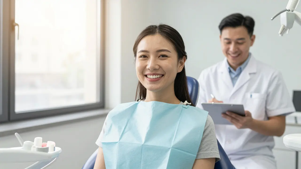 Pacient se usmívá po zubní prohlídce v klinice