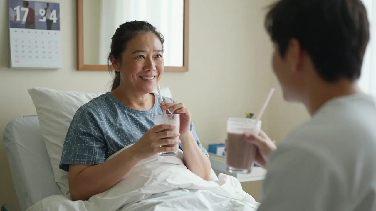 Pacient v klidu během uzdravení, pije hladkou tekutinu s mírným opuchem obličeje.