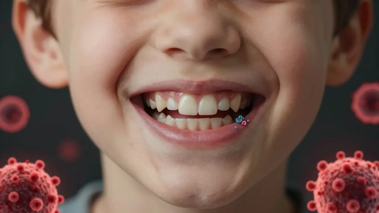 Porovnání zdravého a poškozeného ústního prostředí u dítěte s náznakem bakterií a ztráty zubů.